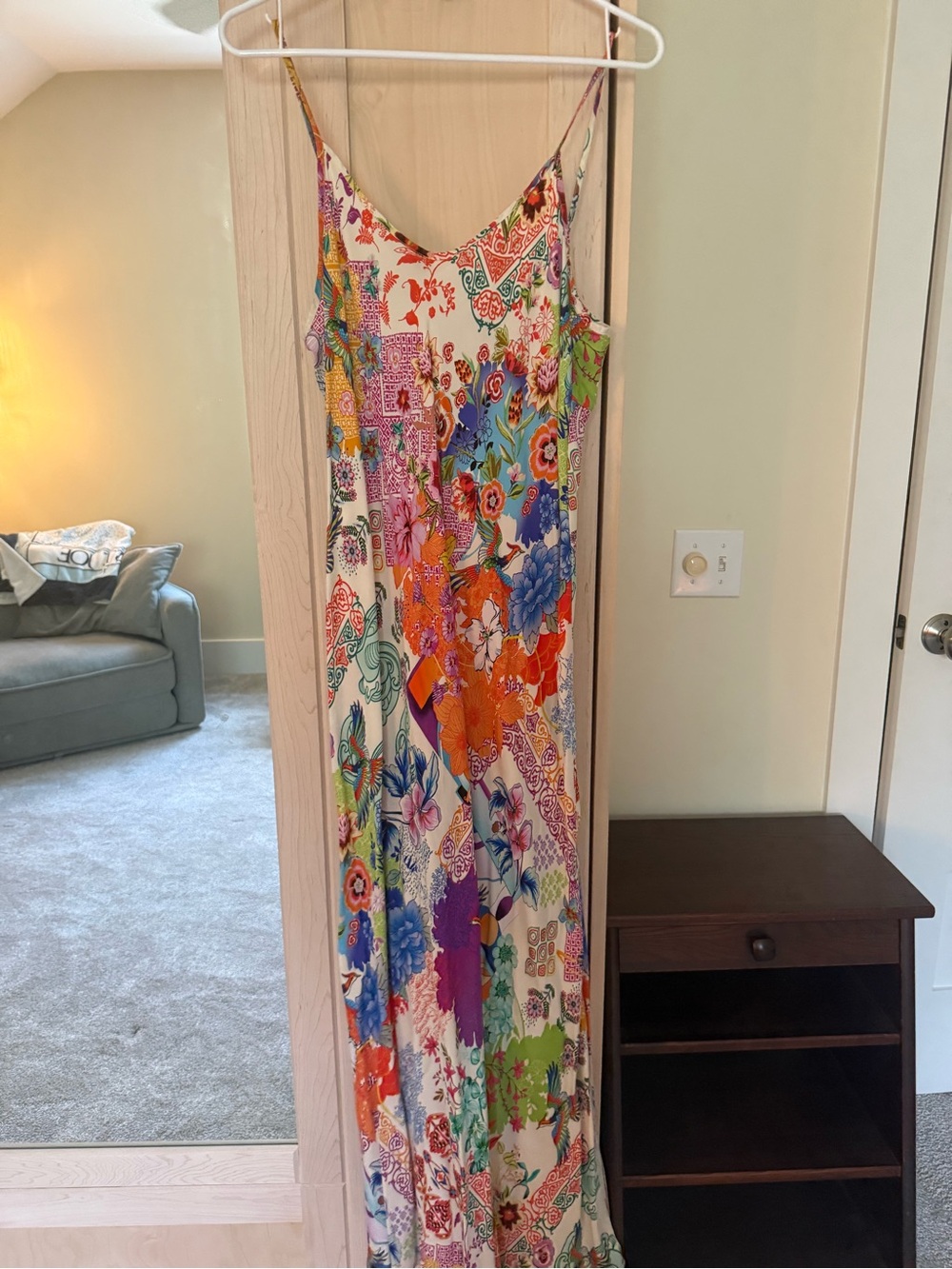 Johnny Was Cream Slip Tank with Coral & Teal Floral Print